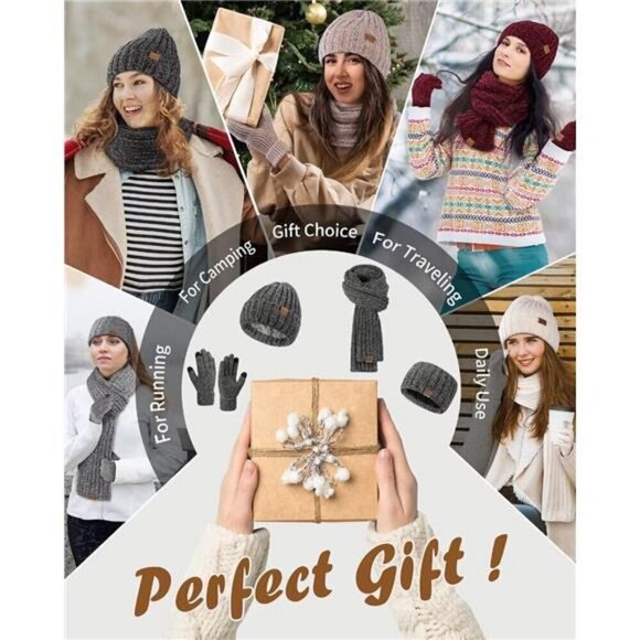 Women Beanie Scarf Gloves Headband Set, Chenille Winter Hats Fleece Lined Ear